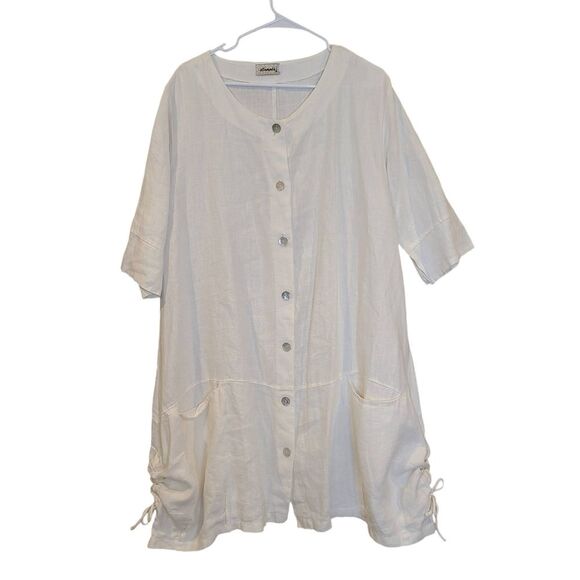 Dresses & Skirts - Ellamoda Linen Dress Women Medium White Oversized Pockets Lagenlook Button Front